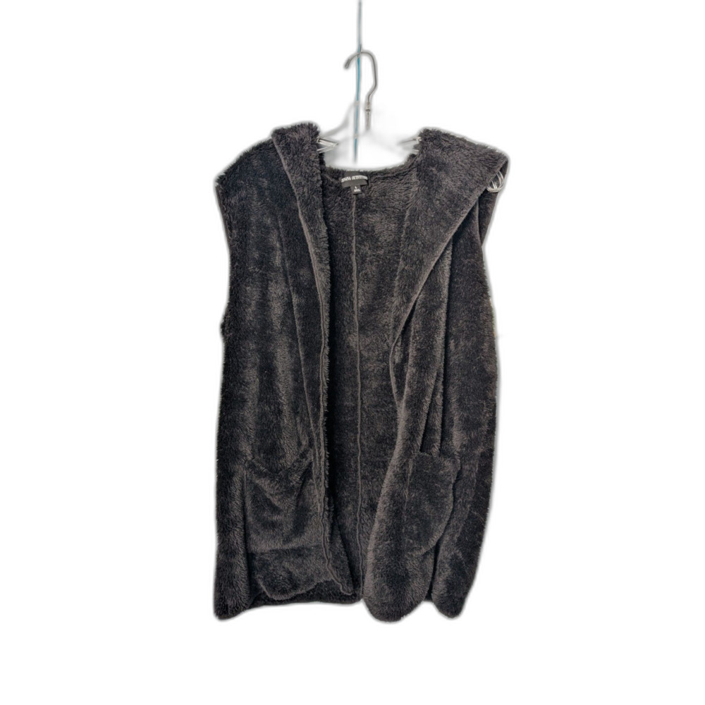 Zenana Outfitters Fuzzy Hooded Long Vest Charcoal Black Size L Cozycore